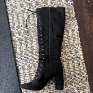Black Lace-Up Knee-High Block Heel Boots - Women